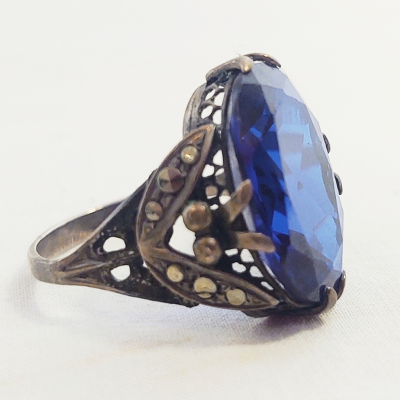 Antique Victorian Sapphire Blue Oversized Sterling Silver Cocktail Ring- Size 9 - Picture 3 of 8
